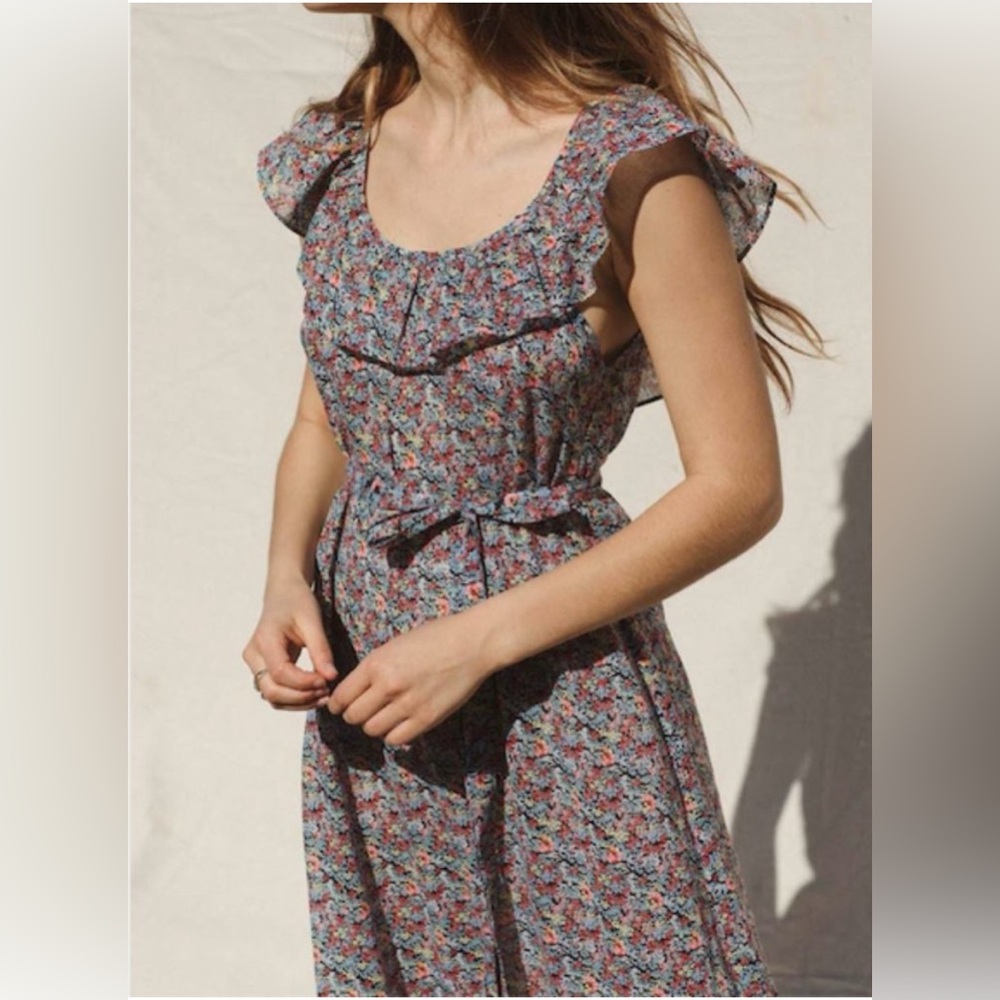 Christy Dawn Floral Ruffle Midi Dress in Blue Multicolor